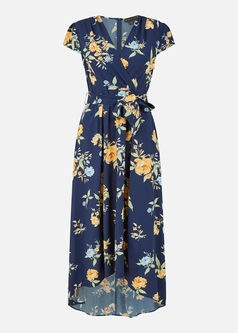 Mela Floral Print Dipped Hem Wrap Dress In Navy - 8 Image 4