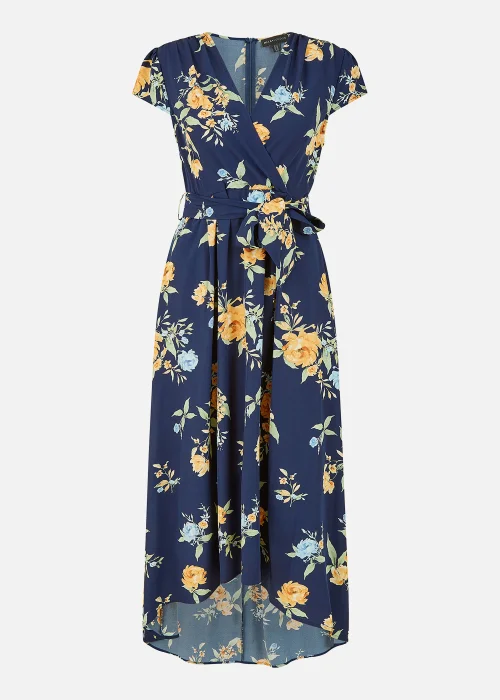 Mela Floral Print Dipped Hem Wrap Dress In Navy - 8 Image 4