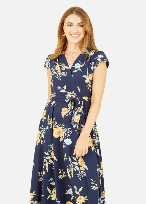 Mela Floral Print Dipped Hem Wrap Dress In Navy - 8 Image 2