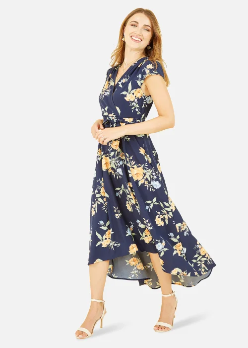 Mela Floral Print Dipped Hem Wrap Dress In Navy - 8 Image 1