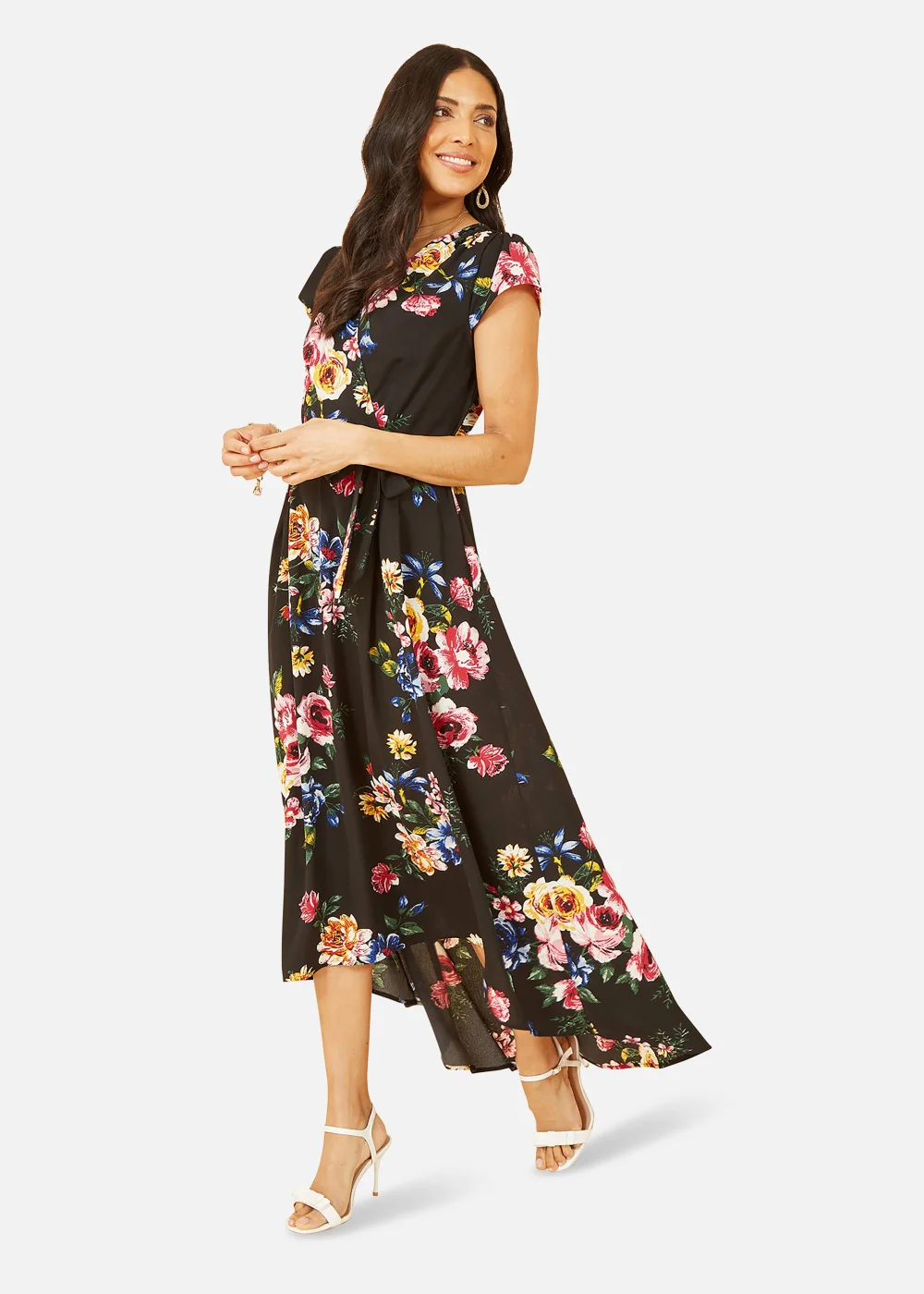 Mela Floral Wrap Over Dipped Hem Midi Dress In Black - 8 Image 1
