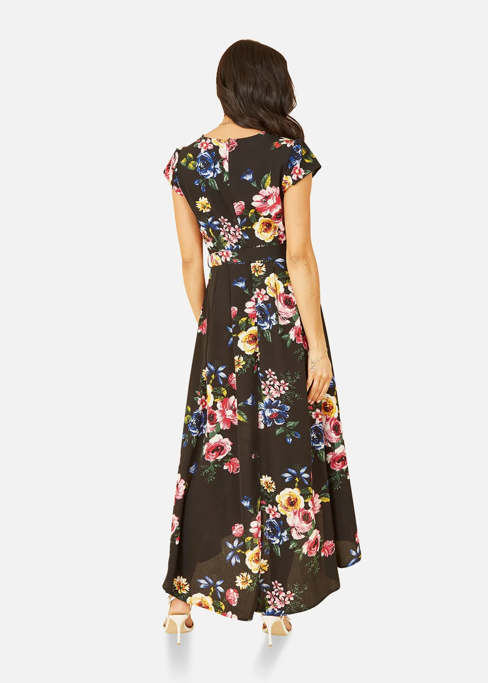 Mela Floral Wrap Over Dipped Hem Midi Dress In Black - 8 Image 3