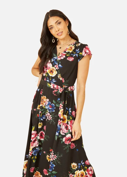Mela Floral Wrap Over Dipped Hem Midi Dress In Black - 8 Image 2