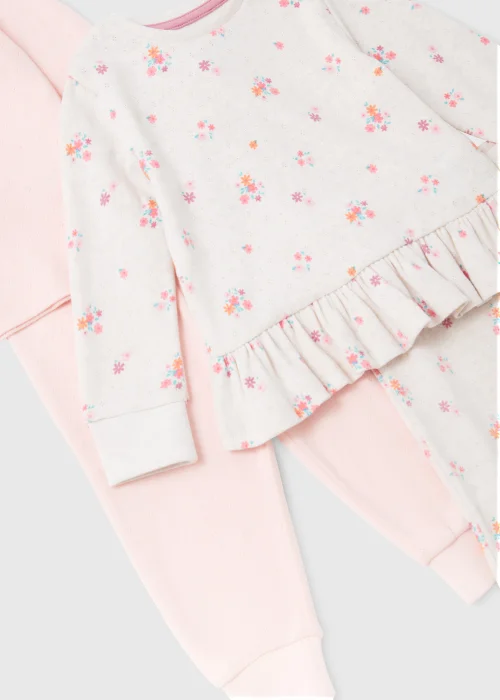Girls 2 Pack Cream Floral Print Pointelle T-Shirt & Leggings Set (9mths-5yrs) - Age 9 - 12 Months Image 2