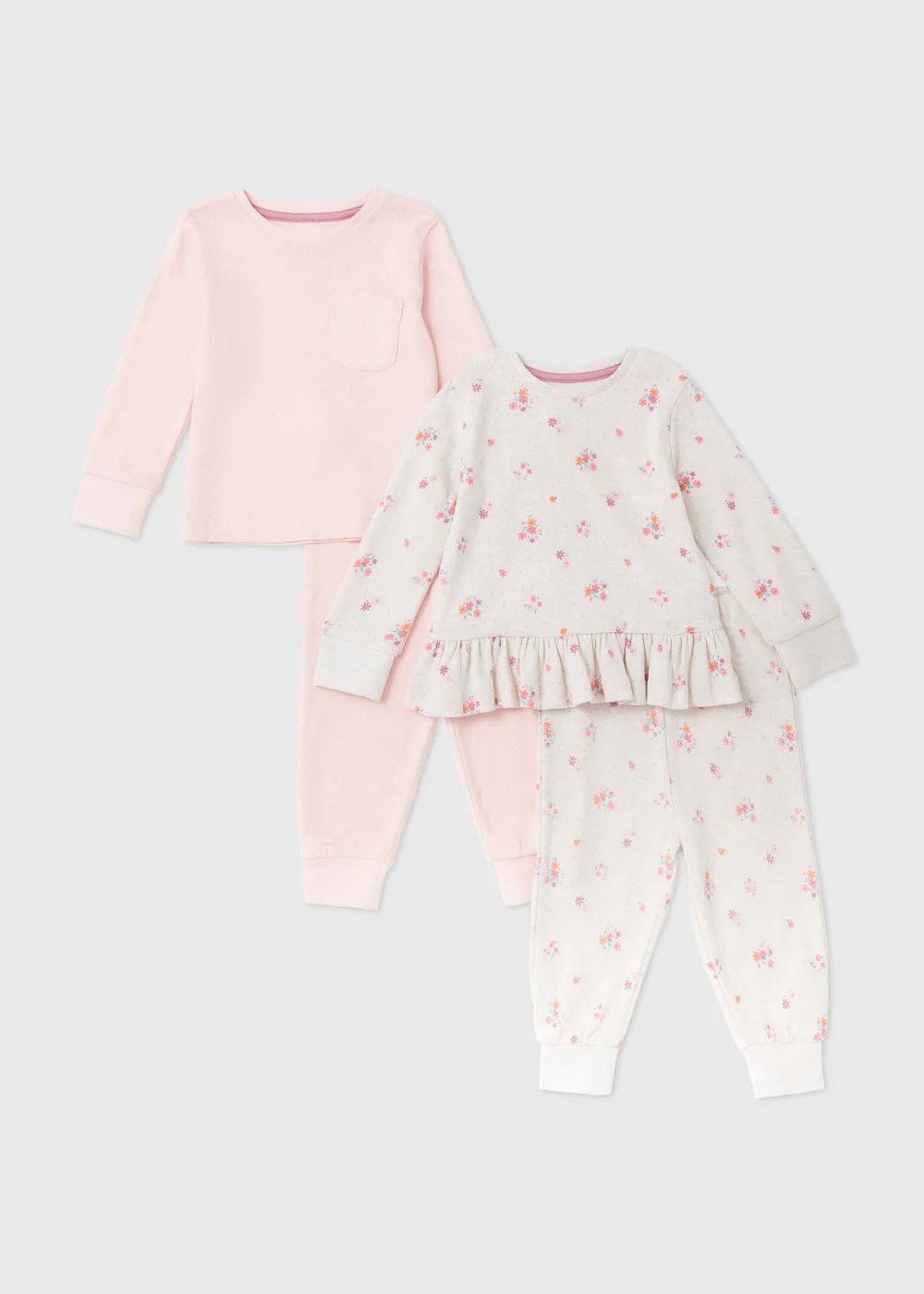 Girls 2 Pack Cream Floral Print Pointelle T-Shirt & Leggings Set (9mths-5yrs) - Age 9 - 12 Months Image 1