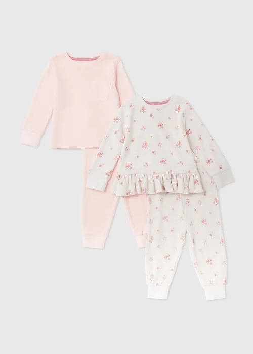 Girls 2 Pack Cream Floral Print Pointelle T-Shirt & Leggings Set (9mths-5yrs) - Age 9 - 12 Months Image 1