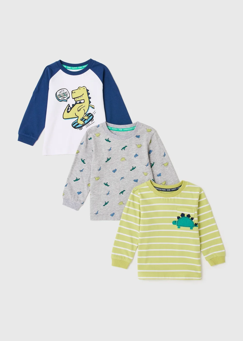 3 Pack Boys Grey Dinosaur Long Sleeve T-Shirts (1-7yrs) - 1 to 1 half years Image 1