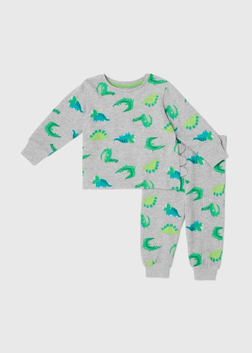 Boys Grey Dinosaur Print Waffle Pyjama Set (9mths-5yrs) - Age 9 - 12 Months Image 1