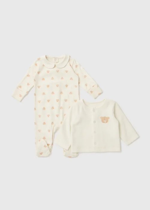 Baby Cream 2 Piece Bear Sleepsuit & Cardigan Set (Tiny Baby-12mths) - 0-3 months Image 1