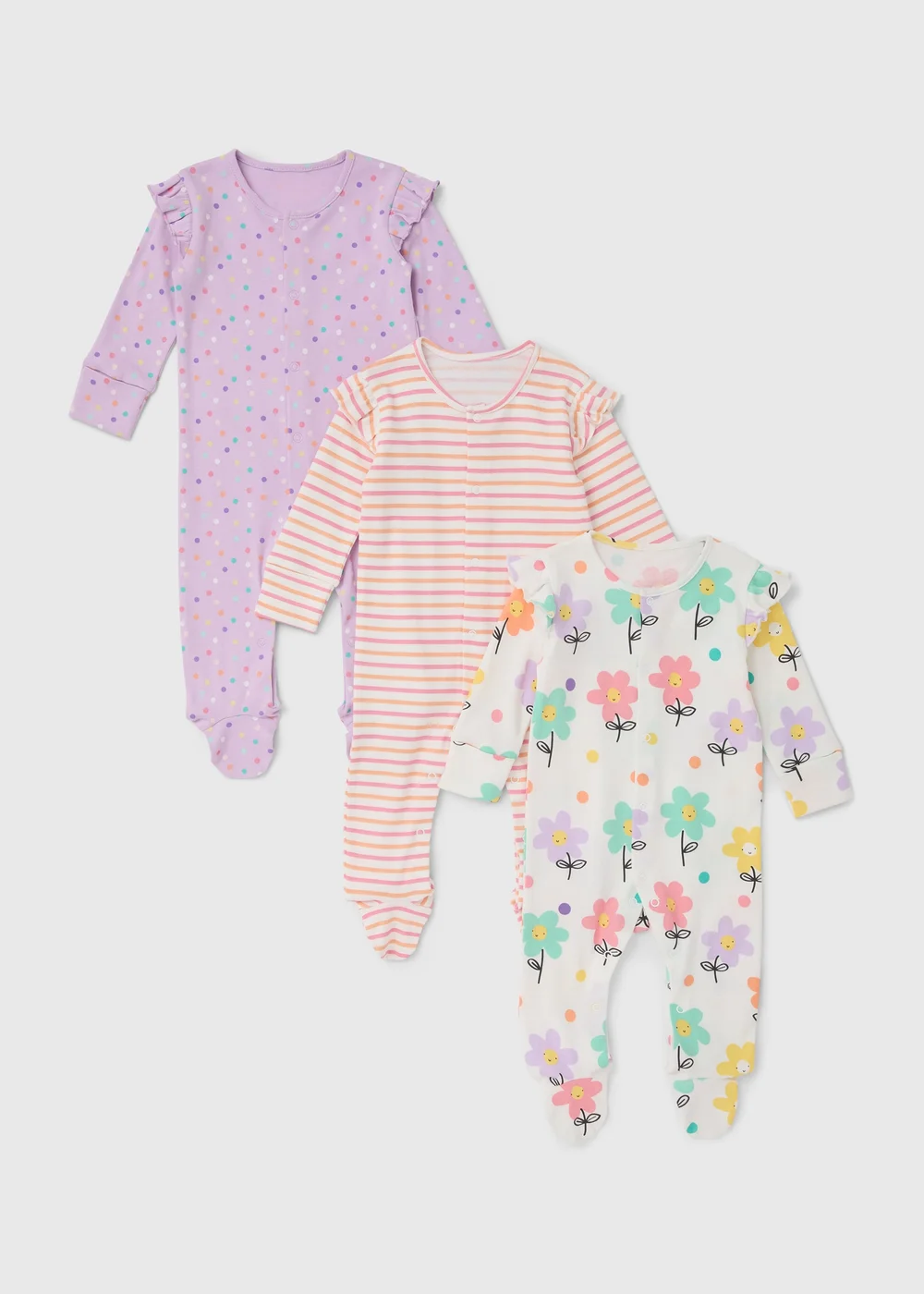 3 Pack Pink Baby Floral Sleepsuits (Tiny Baby-18mths) - Tiny Baby Image 1