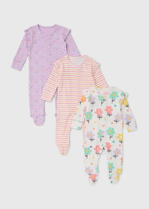 3 Pack Pink Baby Floral Sleepsuits (Tiny Baby-18mths) - Tiny Baby Image 1