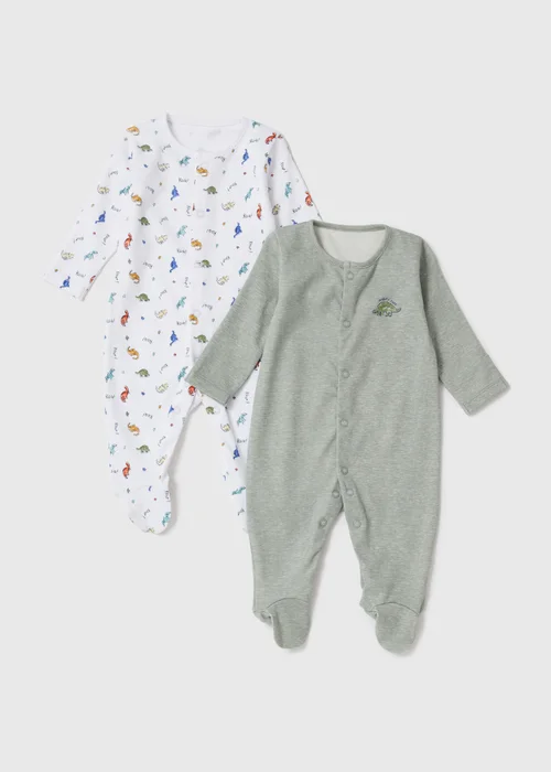 Baby 2 Pack Green Dino Sleepsuits (Newborn-23mths) - Newborn Image 1