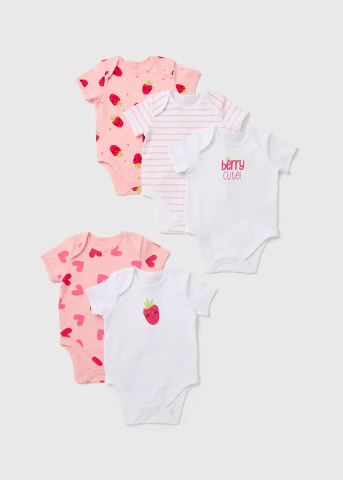 Baby 5 Pack Pink Strawberry Bodysuits (Newborn-23mths) - 0-3 months Image 1