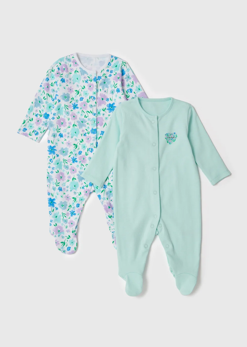 Baby 2 Pack Lilac Fresh Floral Sleepsuits (Newborn-23mths) - Newborn Image 1