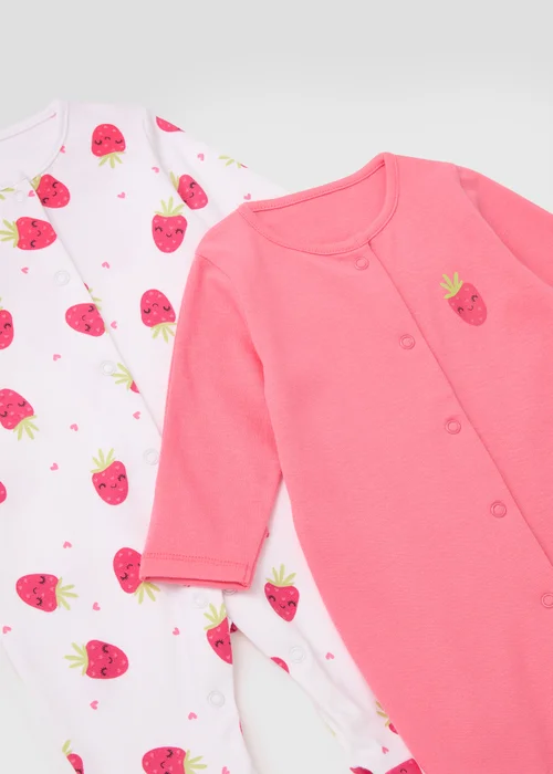 Baby 2 Pack Pink Strawberry Print Sleepsuits (Newborn-23mths) - Newborn Image 2