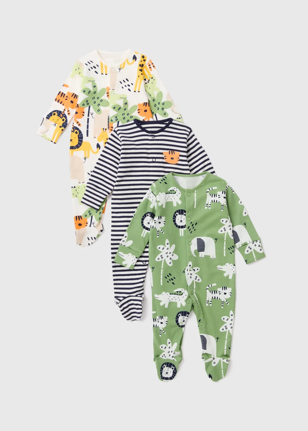 Baby 3 Pack Green Jungle Sleepsuits (Tiny Baby-18mths) - Tiny Baby Image 1