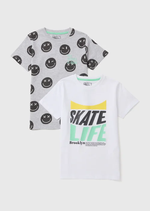 Boys 2 Pack White Smiles & Skate T-Shirts - 7 Yrs Image 1