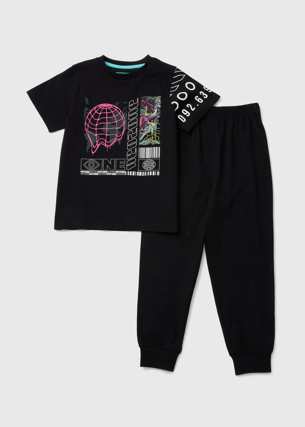 Boys Black World Foil Print Upsec Pyjama Set (4-12yrs) - Age 4 Years Image 1