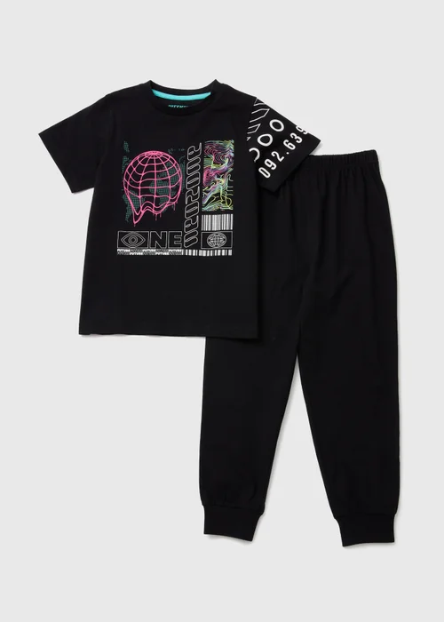 Boys Black World Foil Print Upsec Pyjama Set (4-12yrs) - Age 4 Years Image 1