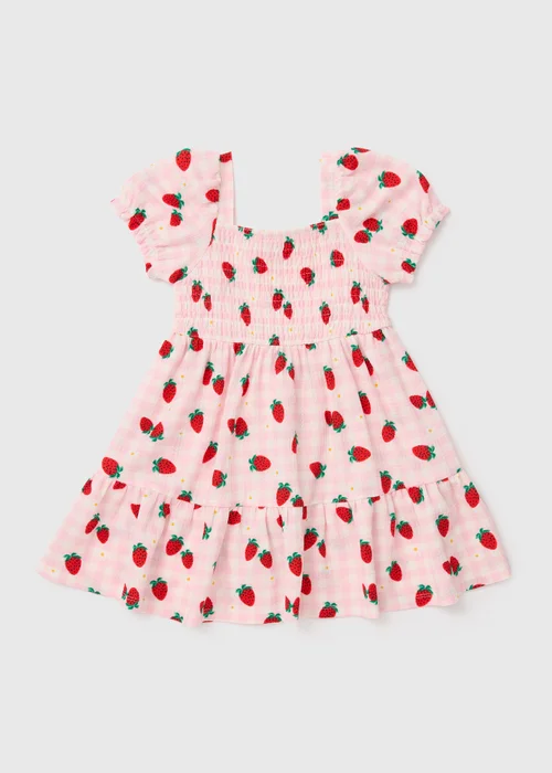 Girls Pink Strawberry Print Crinkle Dress (1-7yrs) - 1-1.5 Yrs Image 1