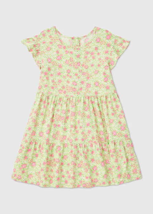 Girls Green Flower Print Viscose Dress (1-7yrs) - 1-1.5 Yrs Image 1