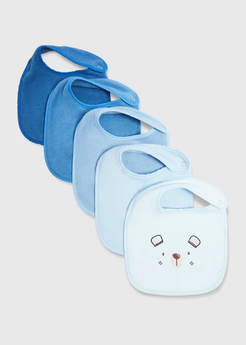 Baby 5 Pack Blue Terry Bear Bibs - One Size Image 1