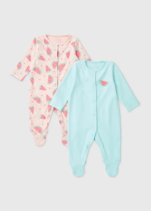 Baby 2 Pack Blue & Pink Watermelon Sleepsuit (Newborn-23mths) - Newborn Image 1