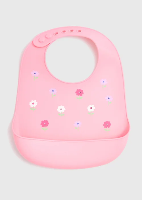 Baby Pink Floral Silicone Bib - One Size Image 1