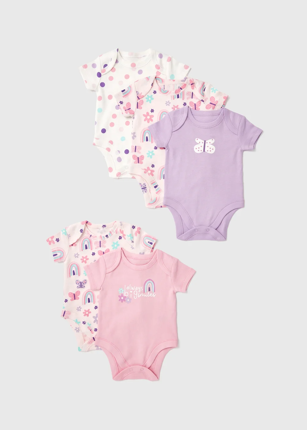Baby 5 Pack Pink Butterfly Bodysuits (Newborn-23mths) - 0-3 months Image 1
