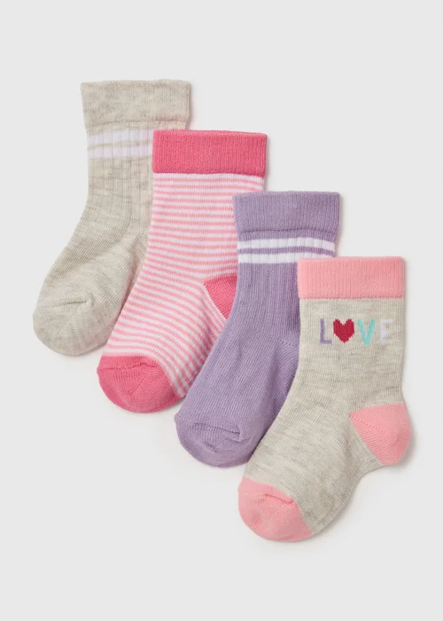 Baby 4 Pack Pink Sports Socks (Newborn-24mths) - Newborn Image 1