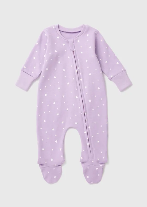 Baby Lilac Heart Print Zipped Sleepsuit (Newborn-18mths) - Newborn Image 1
