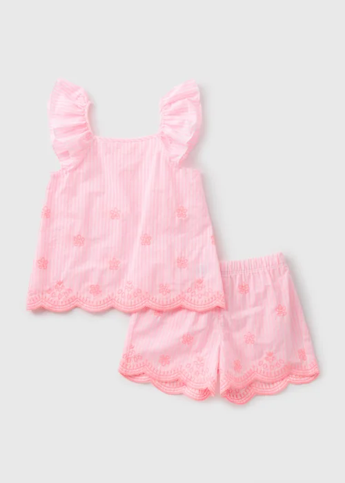 Girls Pink Frill Stripe Broderie Pyjama Set (9mths-5yrs) - Age 9 - 12 Months Image 1