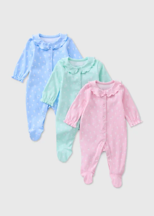 Baby 3 Pack Multicolour Floral Sleepsuits (Tiny Baby-18mths) - Tiny Baby Image 1