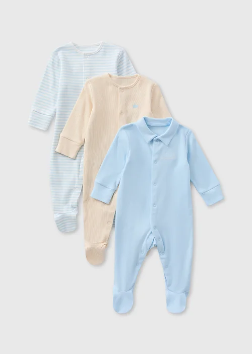 Baby 3 Pack Blue Preppy Boy Sleepsuit (Tiny Baby-18mths) - Tiny Baby Image 1