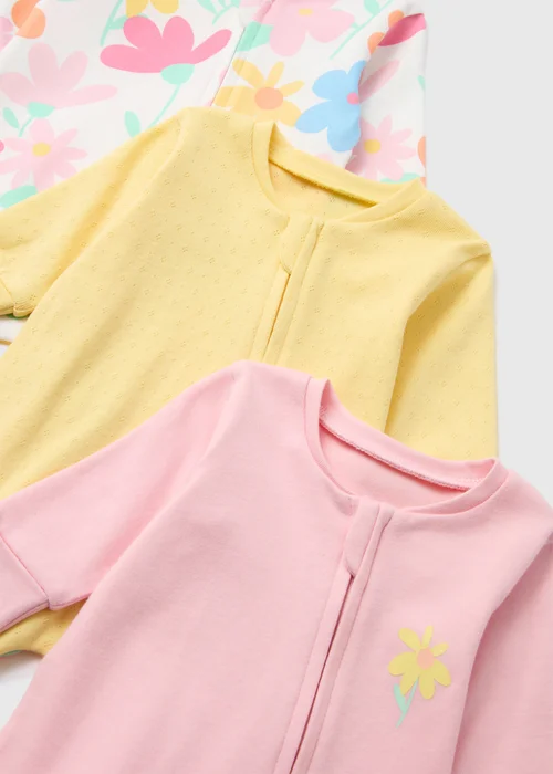 Baby 3 Pack Pink Floral Sleepsuit (Tiny Baby-18mths) - Tiny Baby Image 2