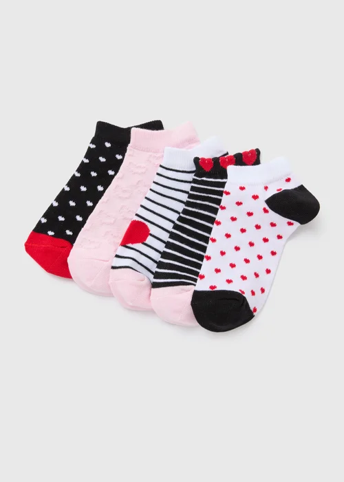 Girls 5 Pack Multicolour Heart Trainer Socks (2-12yrs) - Sizes 6 - 8.5 Image 1
