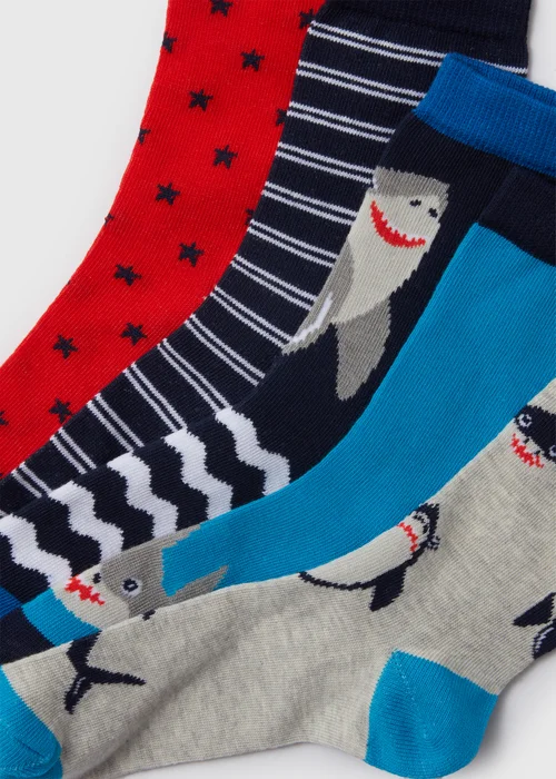 Boys 5 Pack Multicolour Shark Socks (Younger 6-Older 5.5) - Sizes 6 - 8.5 Image 2