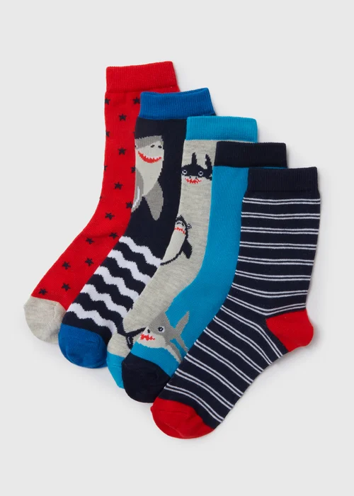 Boys 5 Pack Multicolour Shark Socks (Younger 6-Older 5.5) - Sizes 6 - 8.5 Image 1