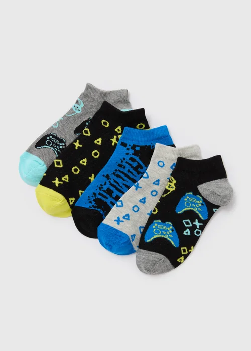 Boys 5 Pack Multicolour Gamer Trainer Socks (Younger 6-Older 6.5) - 4-6.5 Image 1