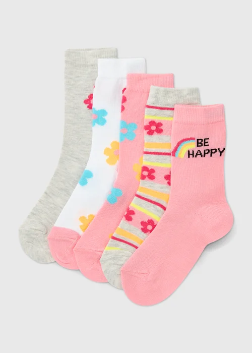 Girls 5 Pack Multicolour Floral Ankle Socks (2-12yrs) - Sizes 4-5.5 Image 1