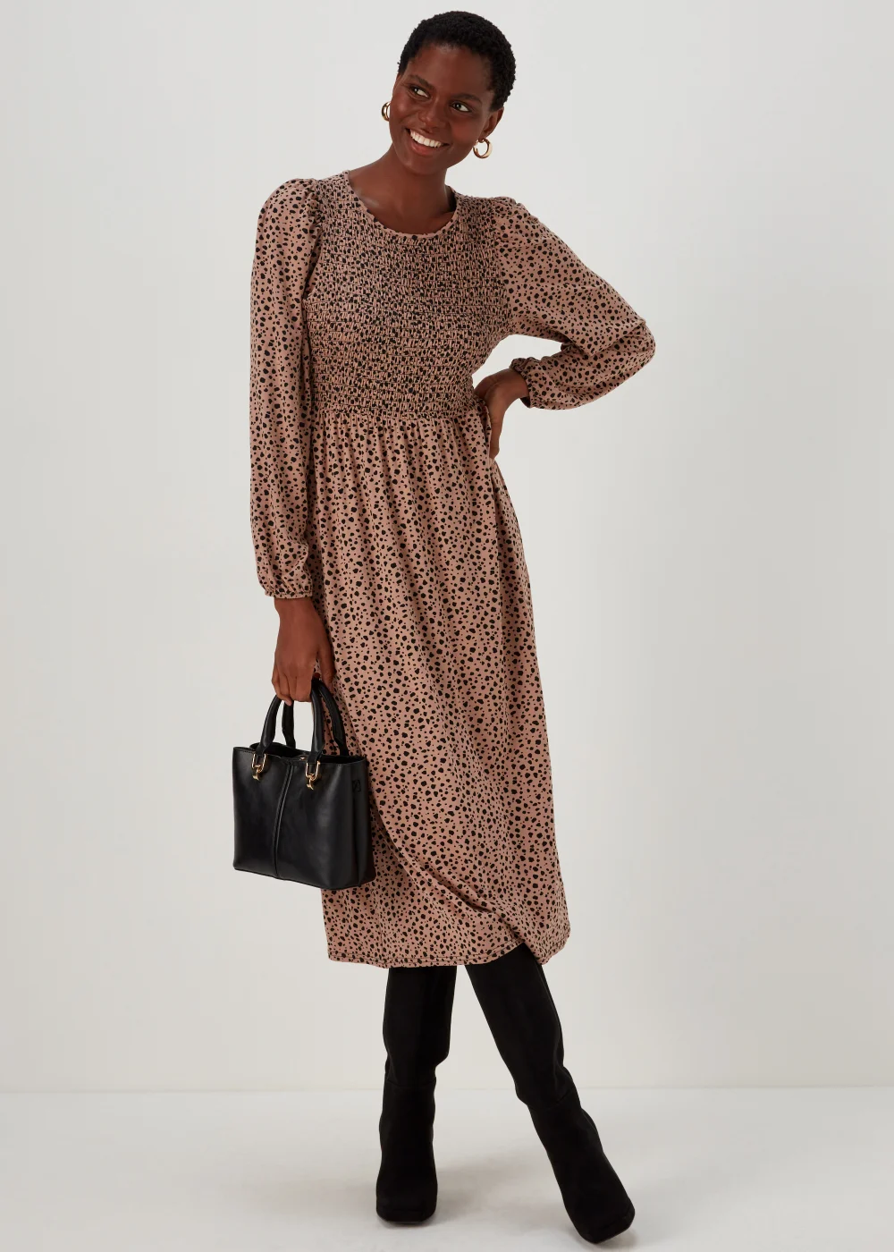 Brown & Black Shirred Bodice Midi Dress - 8 Image 1