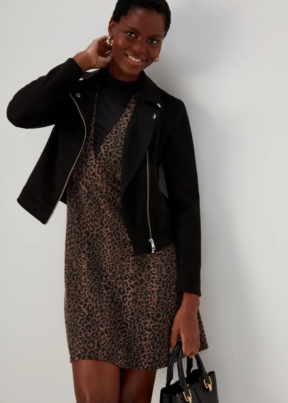 Black Leopard Print Pinafore Dress - 8 | Matalan Black Leopard Print Pinafore Dress - 8 | Matalan