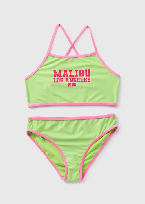 Girls Lime Malibu Slogan Bikini Set (6-15yrs) - 6-7 Yrs Image 1