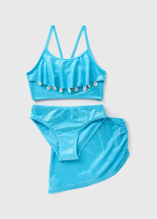 Girls Blue 3 Piece Metallic Swim Set (6-15yrs) - 6-7 Yrs Image 1