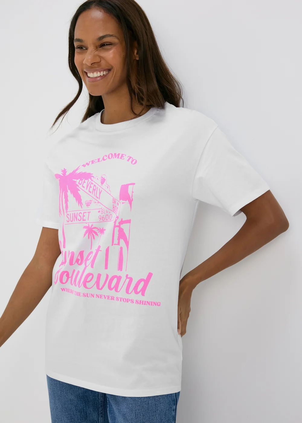 White & Pink Tropical Island Oversized T-Shirt - S Image 1