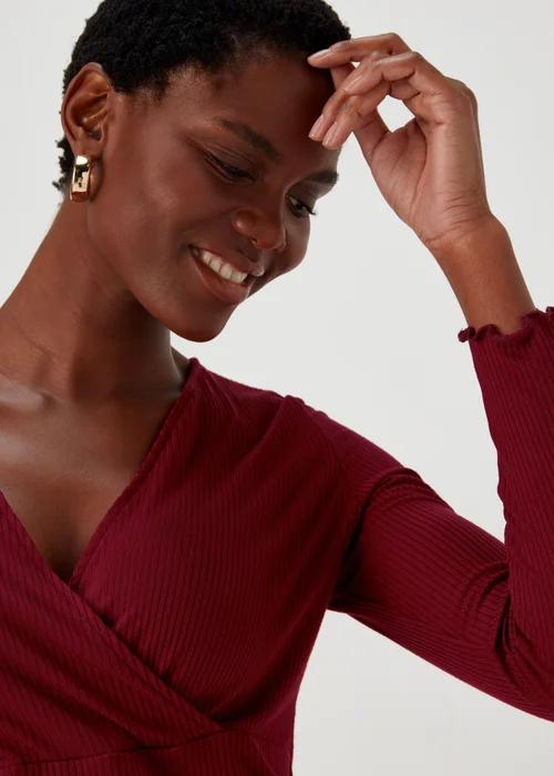 Burgundy Ribbed Wrap Top - 8 Image 3