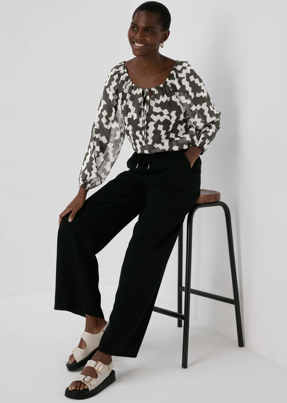Black & White Lurex Neck Tie Blouse - 8 Image 4
