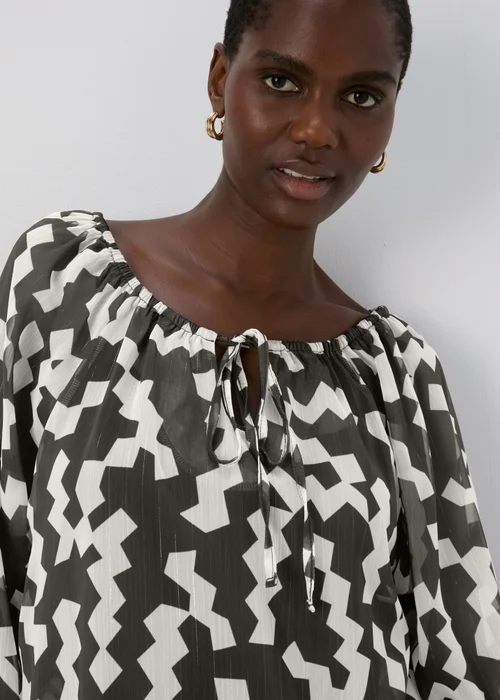 Black & White Lurex Neck Tie Blouse - 8 Image 3