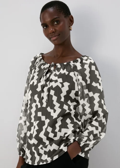 Black & White Lurex Neck Tie Blouse - 8 Image 1
