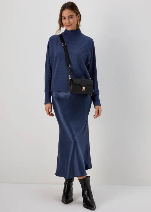 Navy Satin Midi Skirt - 8 Image 1